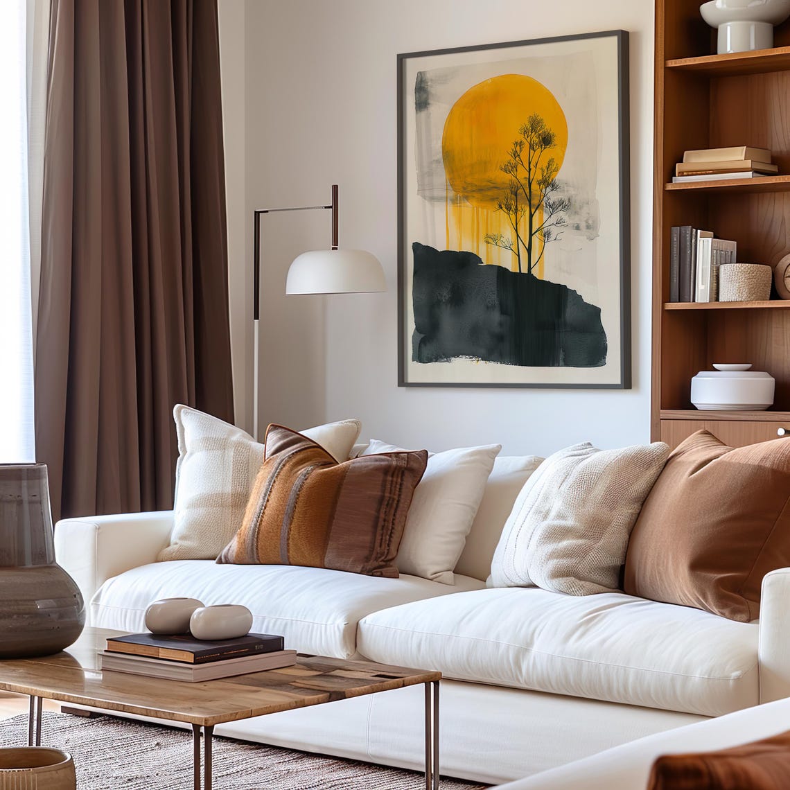 Golden Sun Lone Tree Minimalist Watercolor Art Print with Black Rock - Image 4