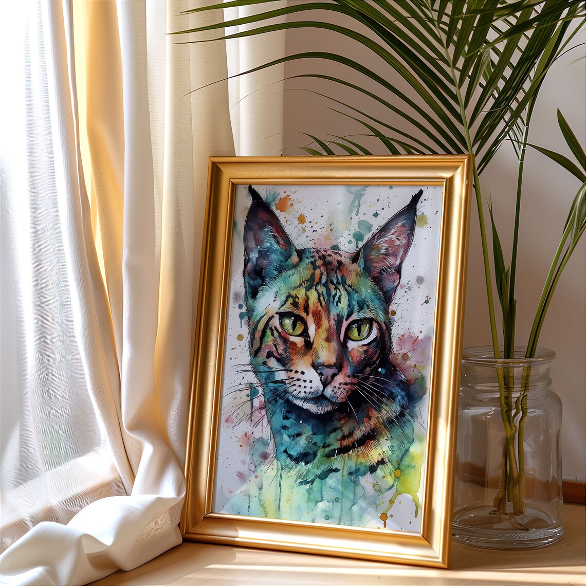Wild Cat Watercolor Portrait Spotted Feline Splash Art Poster - Image 4