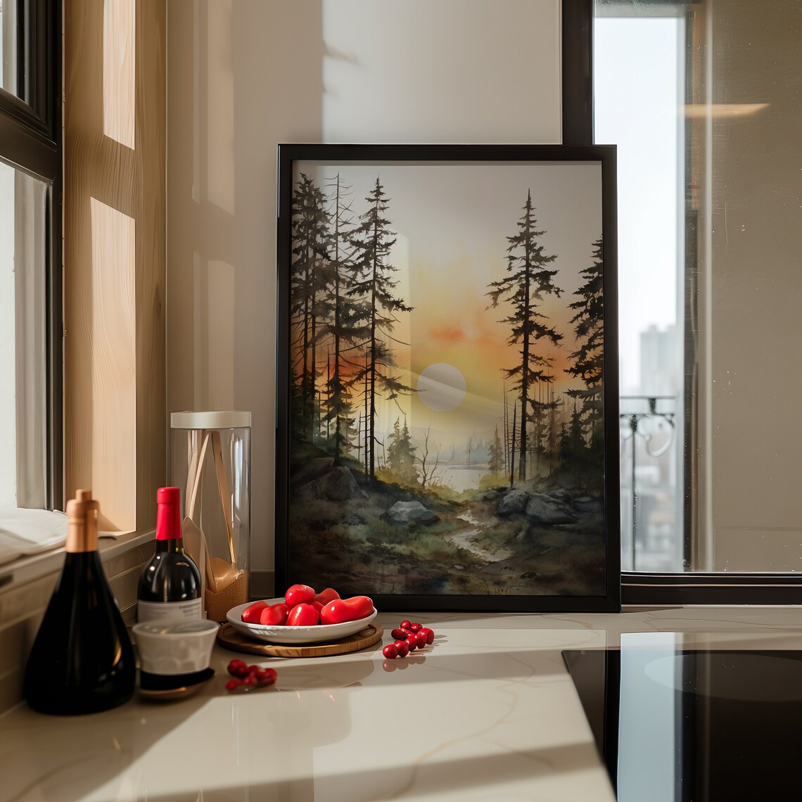 Forest Sunset Watercolor Painting Poster with Golden Sun and Tall Pines - Image 5
