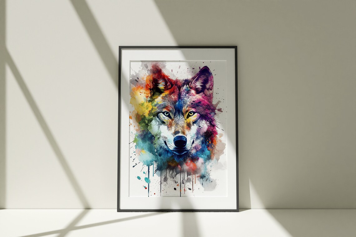 Rainbow Wolf Watercolor Portrait Vibrant Colorful Animal Art Poster - Image 4