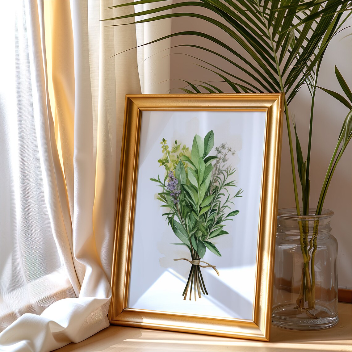 Fresh Green Kitchen Herbs Bouquet Watercolor Botanical Art Poster - Image 3