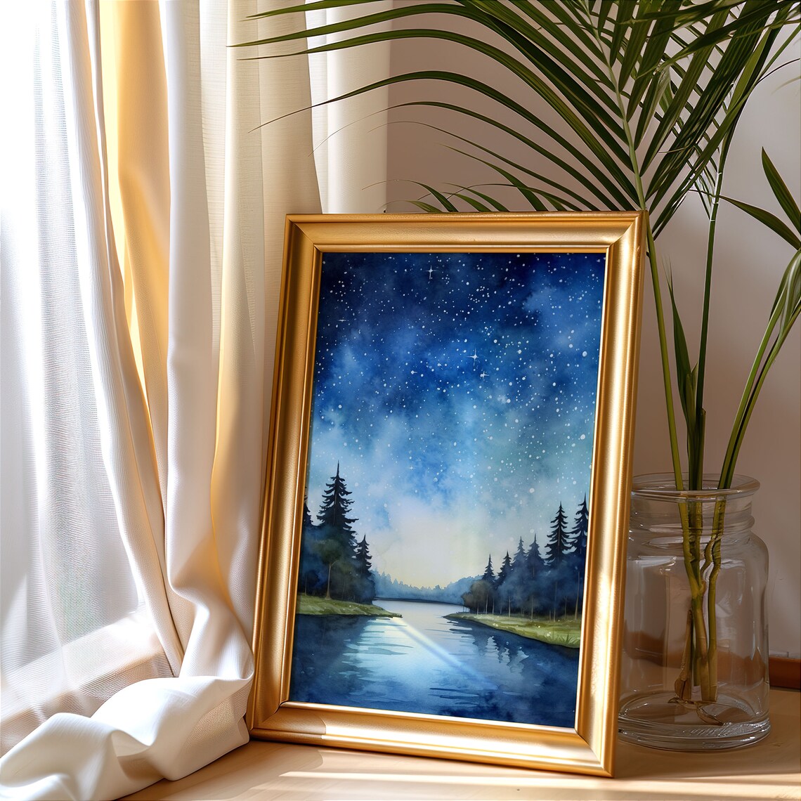 Starry Night Sky Lake Watercolor Painting Poster with Pine Trees - Image 3