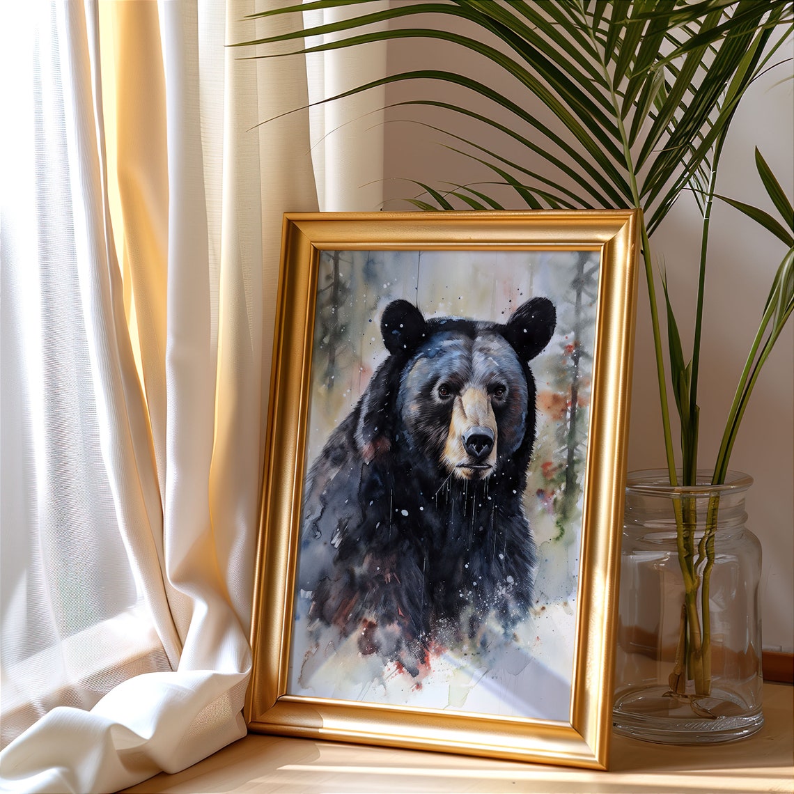 Black Bear in Dark Forest Watercolor Wildlife Portrait Poster - Image 4