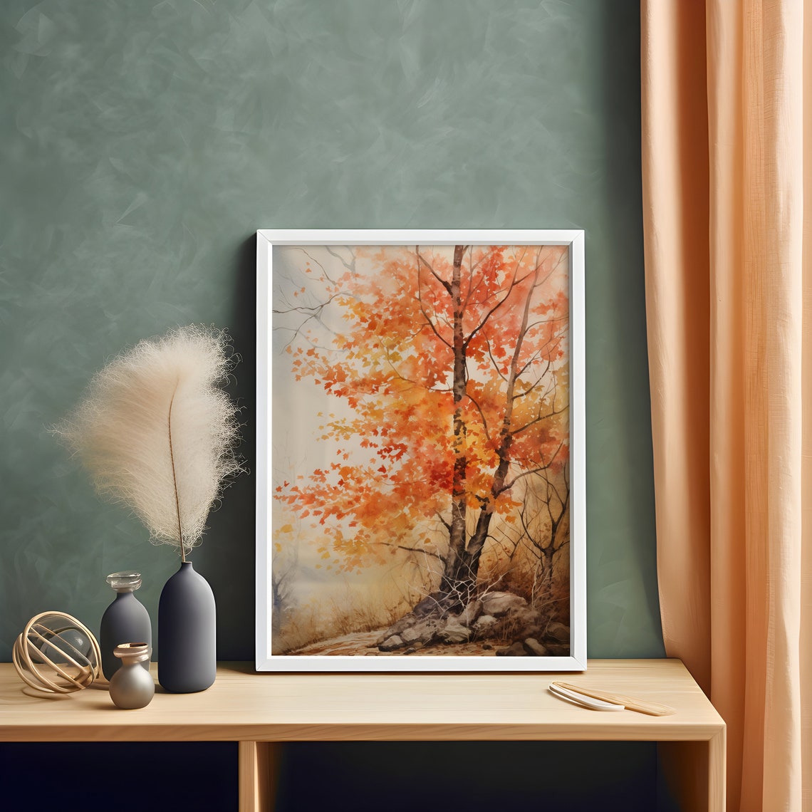Single Orange Autumn Tree Fall Foliage Watercolor Painting Poster - Image 3