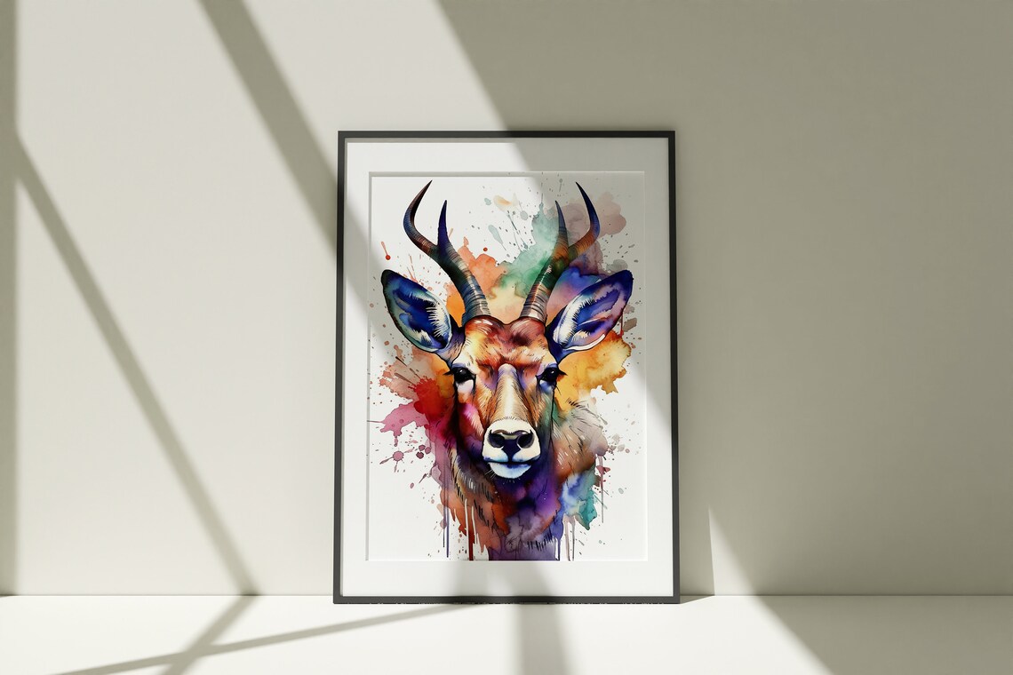 Deer Watercolor Portrait Young Buck Antlers Splash Art Poster - Image 2