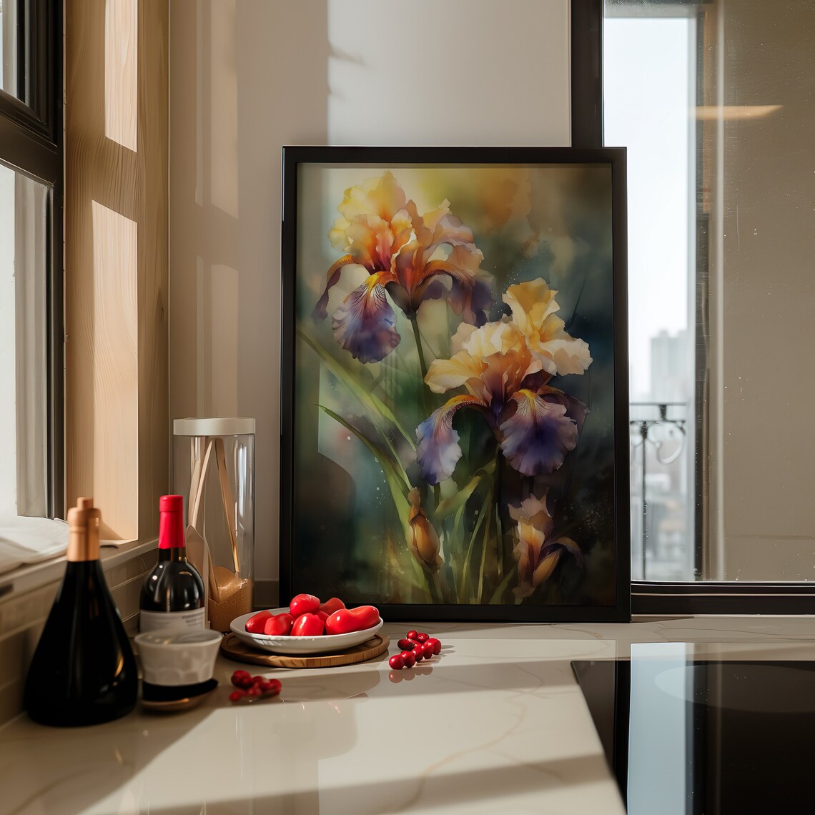 Orange Yellow Purple Iris Flowers Golden Watercolor Botanical Poster - Image 5