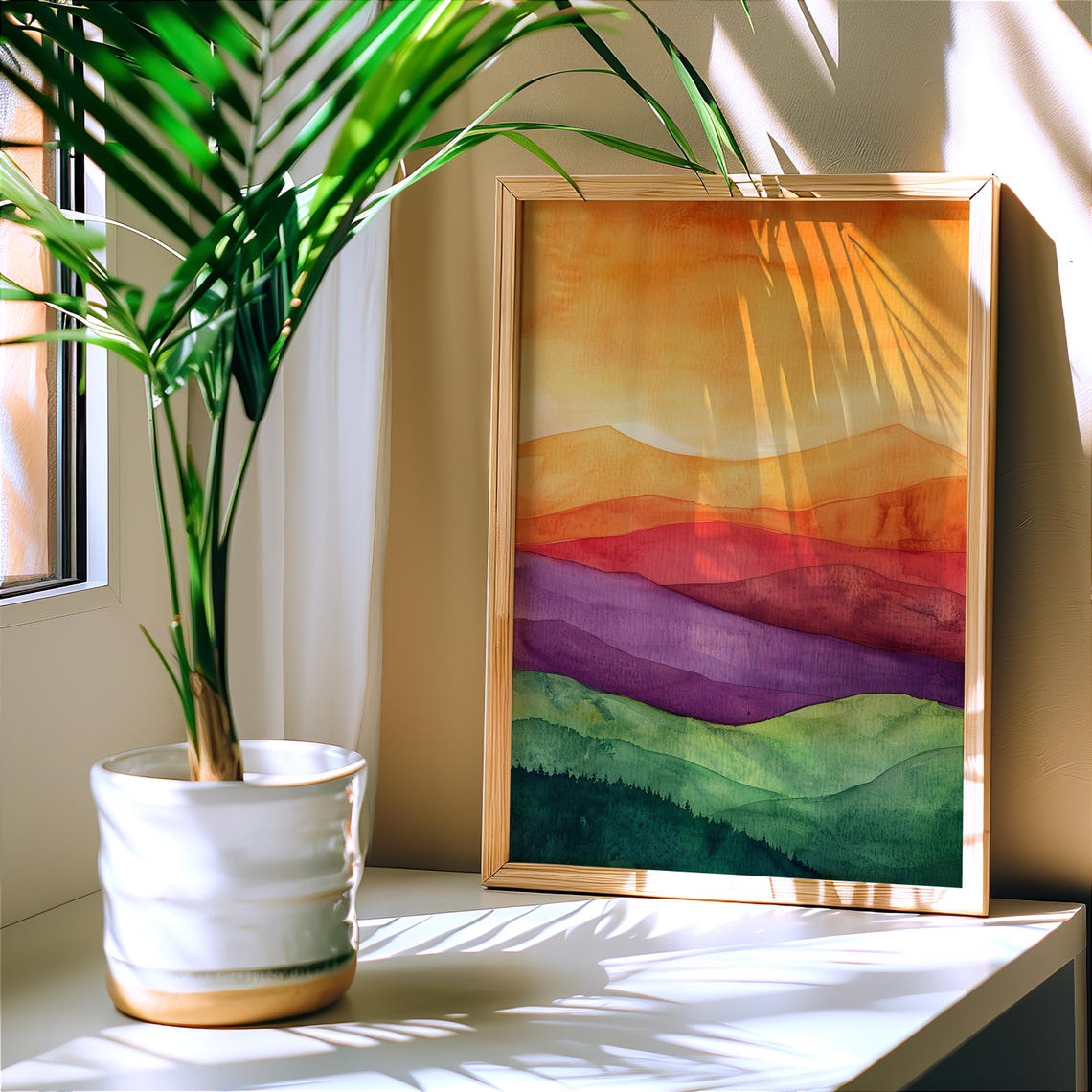 Rainbow Mountain Sunset Watercolor Layered Hillside Art Poster - Image 3