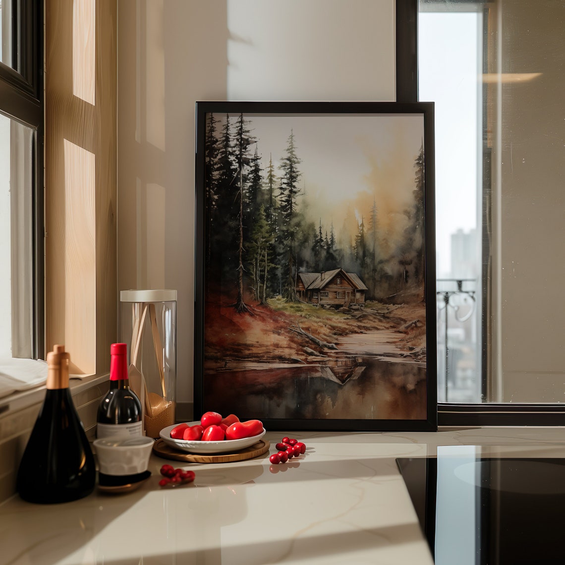 Lakeside Log Cabin Sunset Pine Forest Reflection Watercolor Poster - Image 5