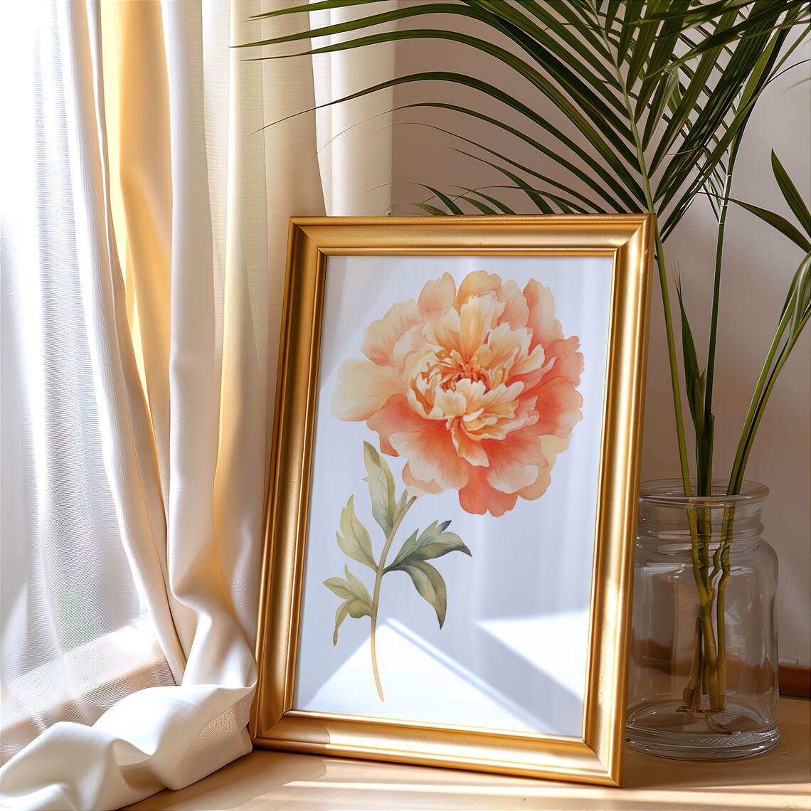 Peach Orange Peony Lush Bloom Watercolor Detailed Floral Art Poster - Image 3