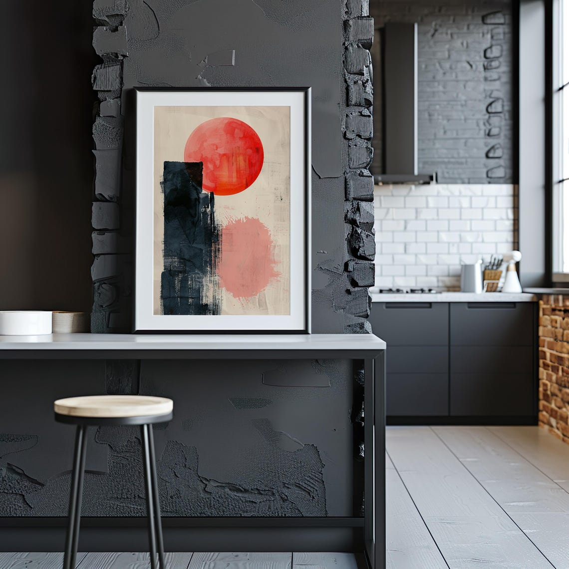 Red Sun Abstract Boho Watercolor Art Print with Black and Blush Blocks - Image 4