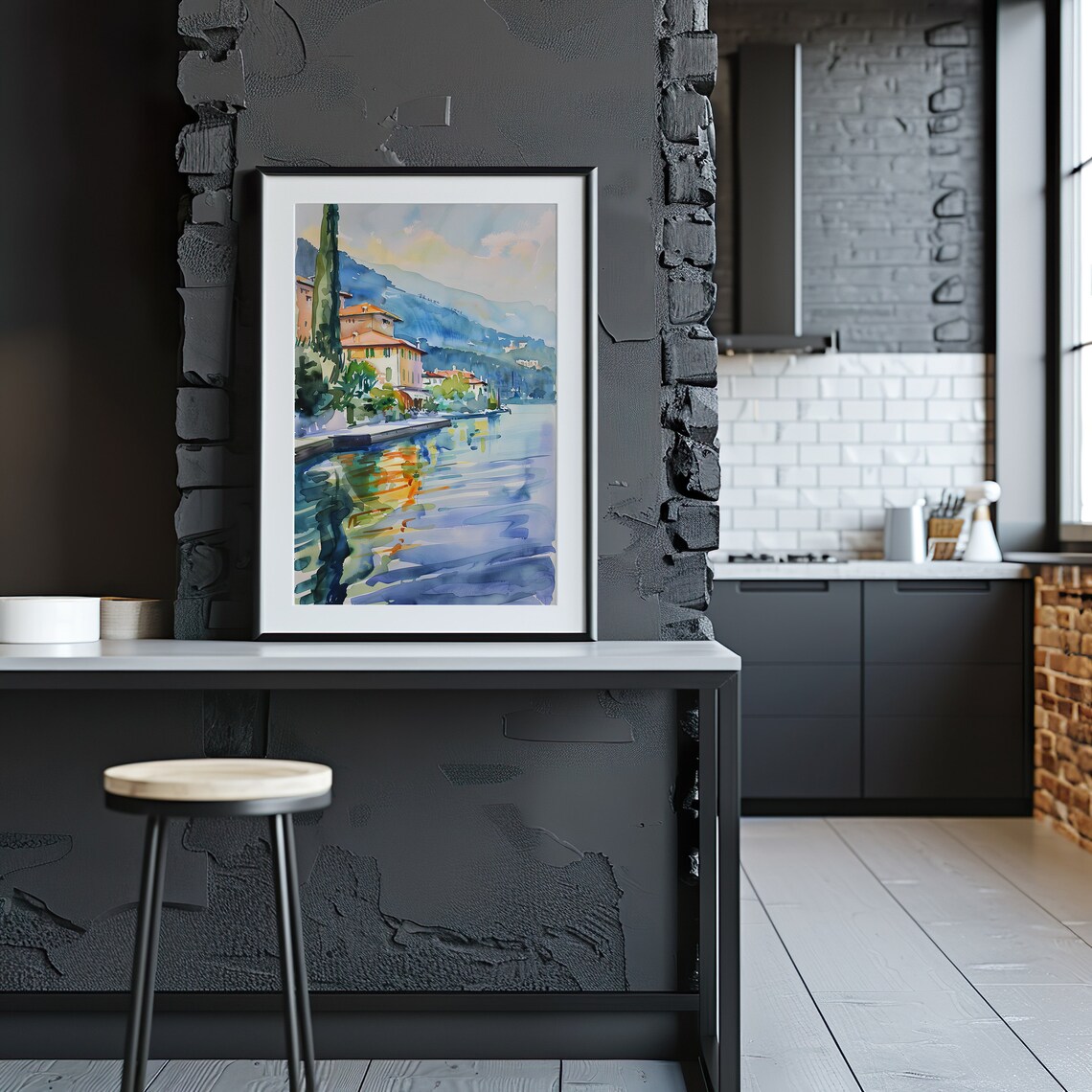 Italian Lakeside Villa Watercolor Italy Travel Scene Art Poster - Image 3