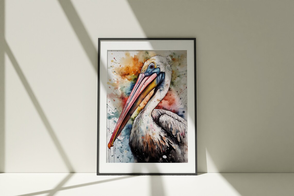 White Pelican Portrait Watercolor Coastal Bird Splash Art Poster - Image 5