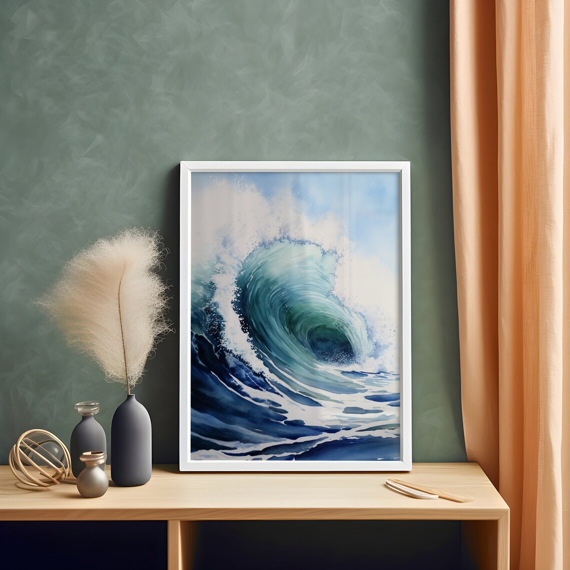 Curling Ocean Wave Watercolor Blue Green Sea Barrel Surf Poster - Image 5
