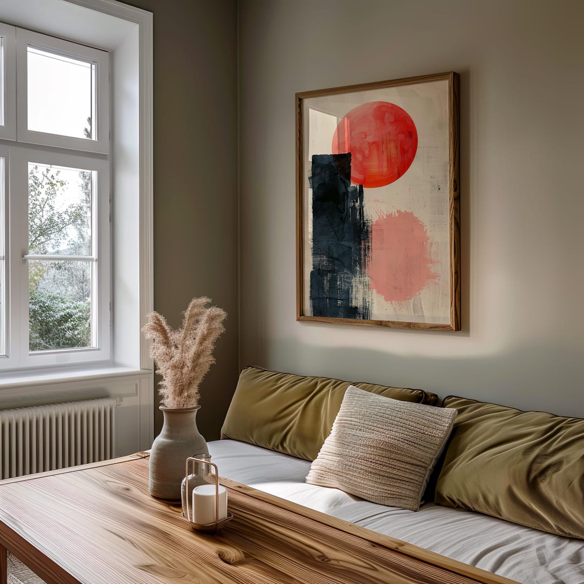 Red Sun Abstract Boho Watercolor Art Print with Black and Blush Blocks - Image 5