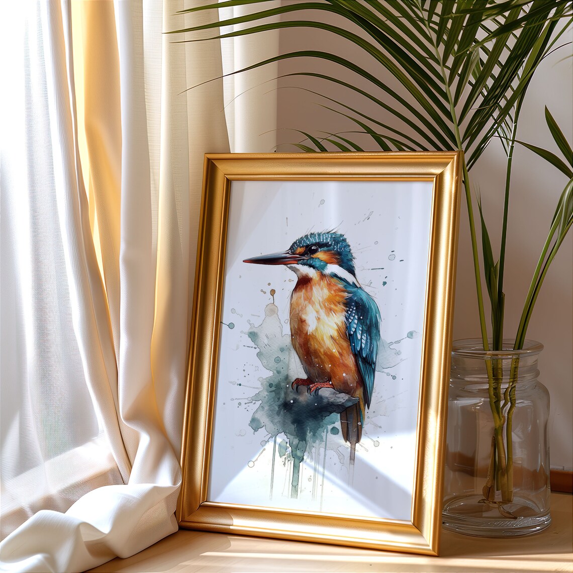 Kingfisher Watercolor Portrait Colorful Bird on Branch Art Poster - Image 4