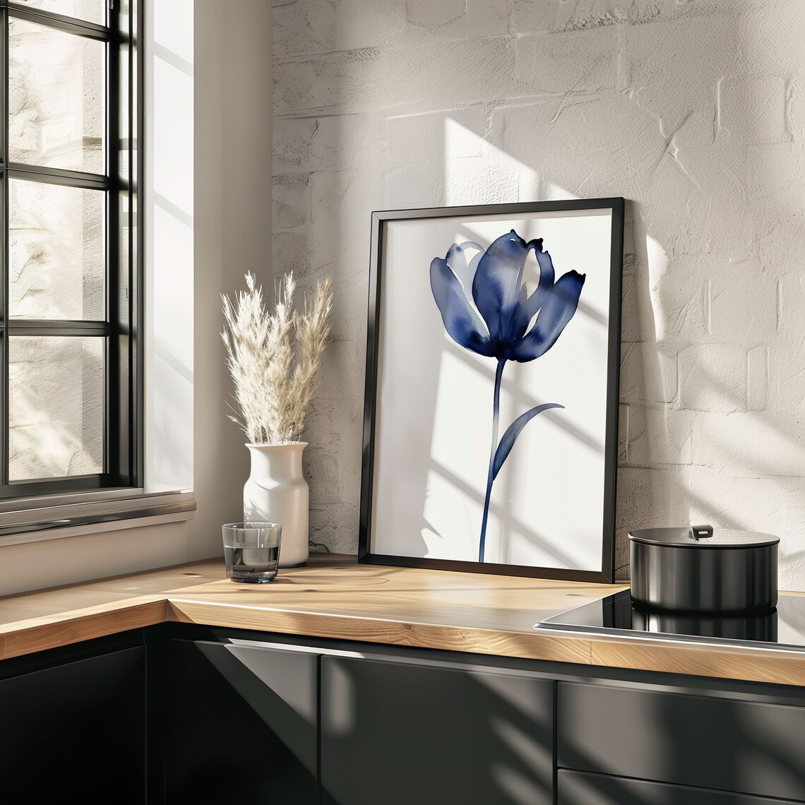 Blue Tulip Watercolor Single Stem Flower Minimalist Botanical Art Poster - Image 2
