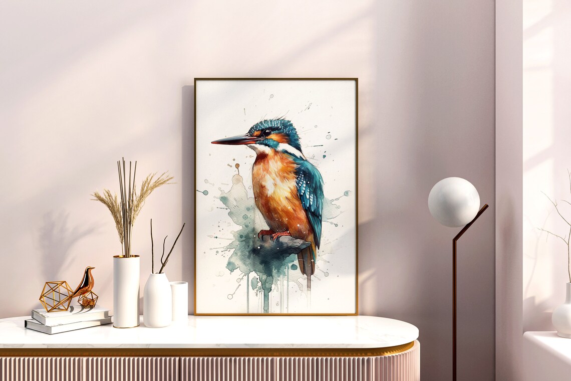 Kingfisher Watercolor Portrait Colorful Bird on Branch Art Poster - Image 3