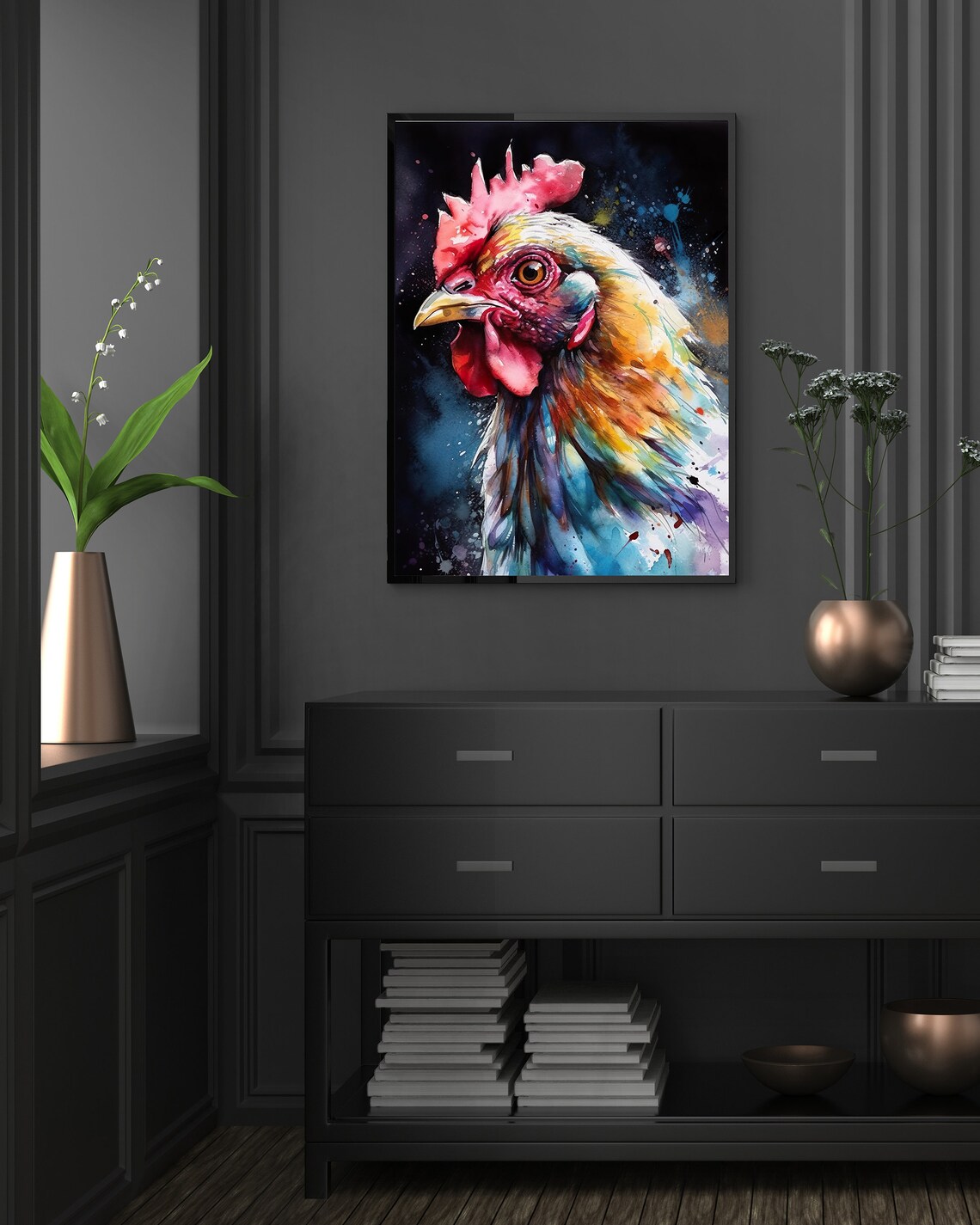 Colorful Rooster Watercolor Portrait Farm Bird Animal Art Poster - Image 3