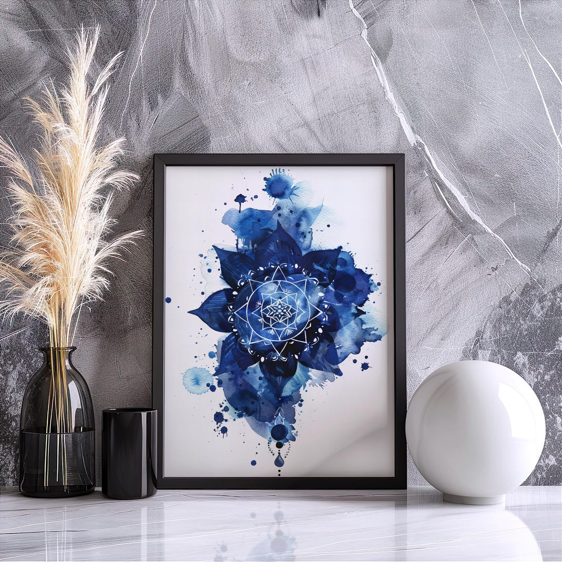 Navy Blue Mandala Watercolor Zen Meditation Wall Decor Art Poster - Image 3