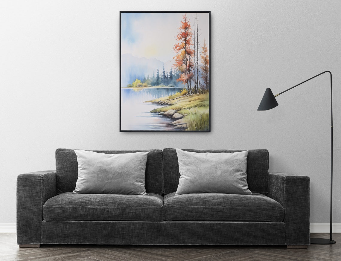 Sunset Lake With Autumn Tree Rocky Shore Mountain Watercolor Poster - Image 3