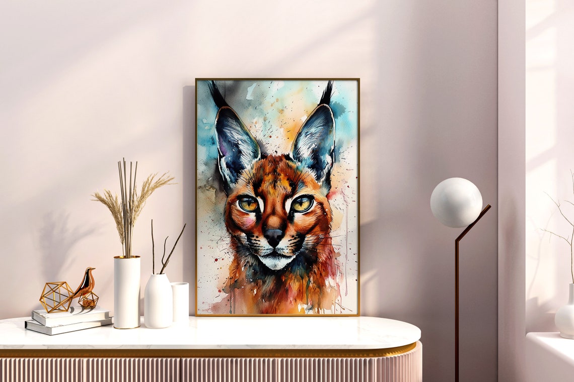 Caracal Wild Cat Face Watercolor Splash Exotic Portrait Poster - Image 4