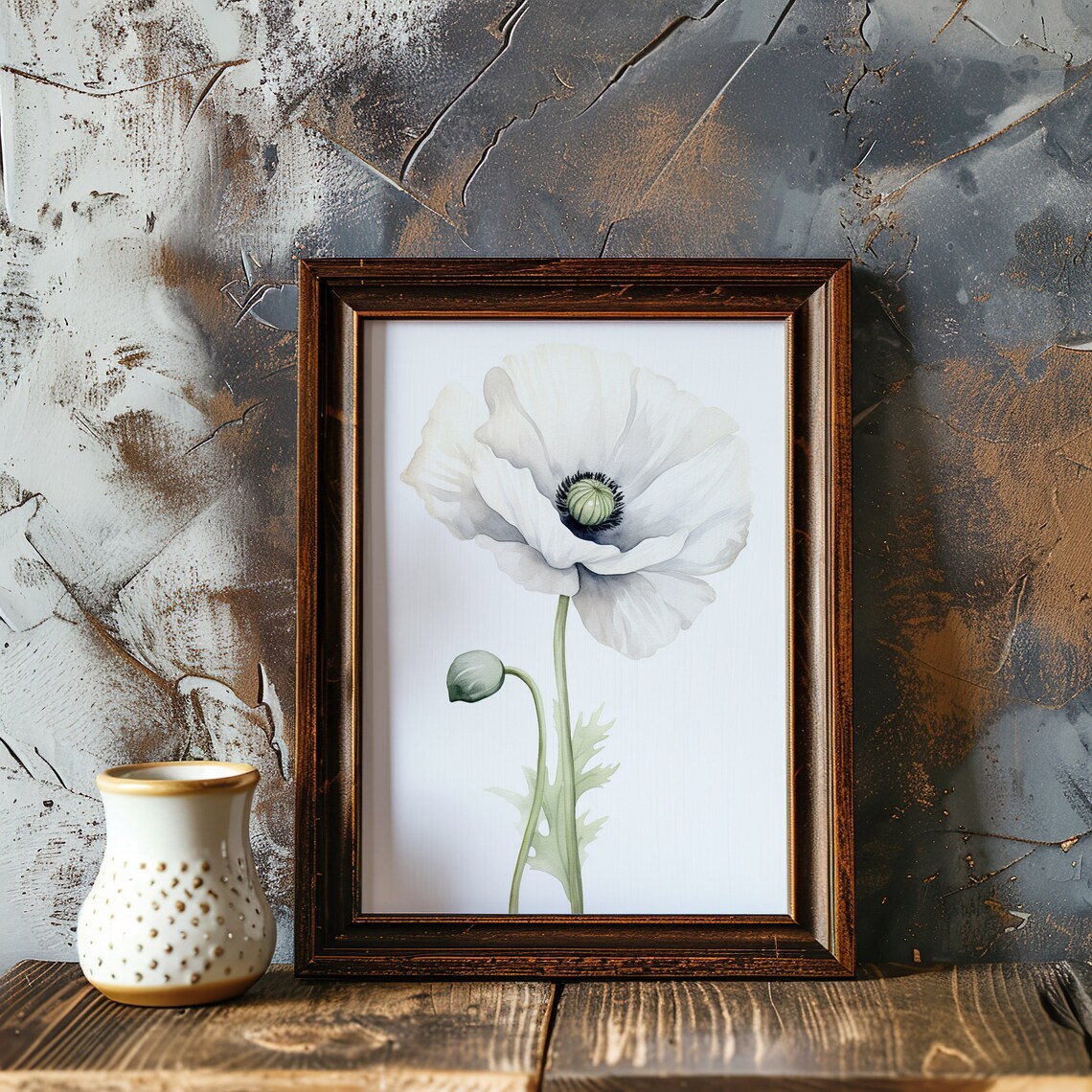 White Poppy And Bud Soft Watercolor Botanical Elegant Flower Poster - Image 4