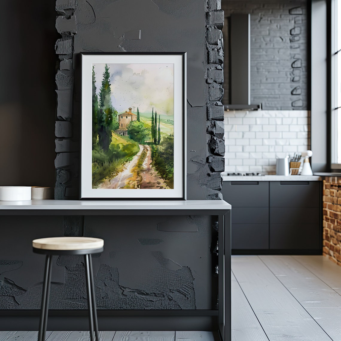 Tuscan Country Road Watercolor Cypress Villa Landscape Art Poster - Image 5