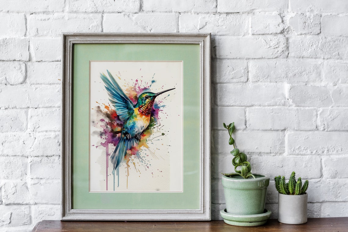Hummingbird Colorful Watercolor Art Flying Bird Teal Splash Poster - Image 5