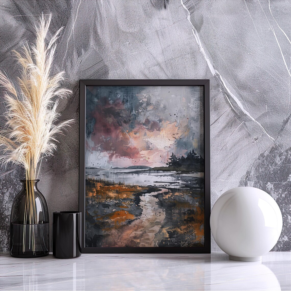 Abstract Coastal Sunset Watercolor Rose Sky Shore Path Art Poster - Image 3