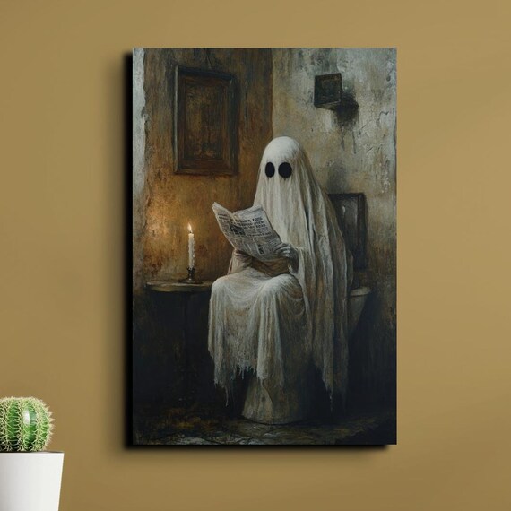 Sheet Ghost Reading Newspaper on Toilet by Candlelight Halloween Poster