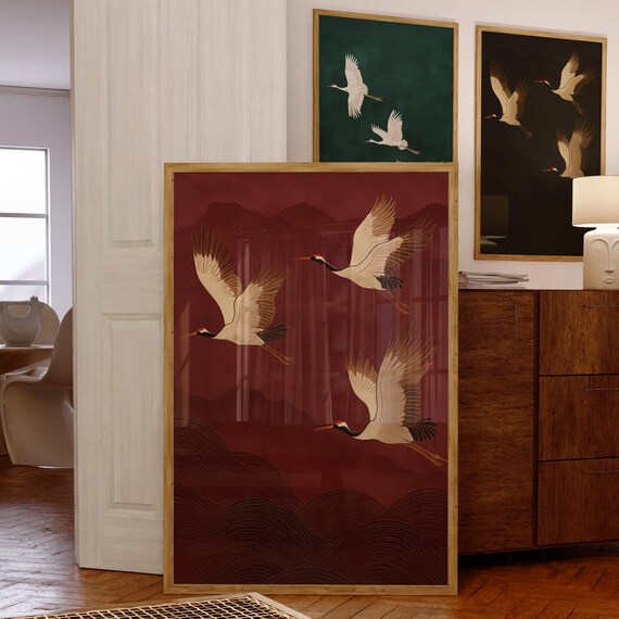 Japandi Wall Art Japanese Crane Print Zen Minimalist Bird Poster Traditional Wabi Sabi Cherry Rot