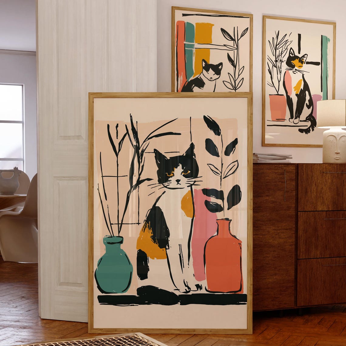 Calico Cat Line Art Colorful Minimalist Cat Lover Gift Poster