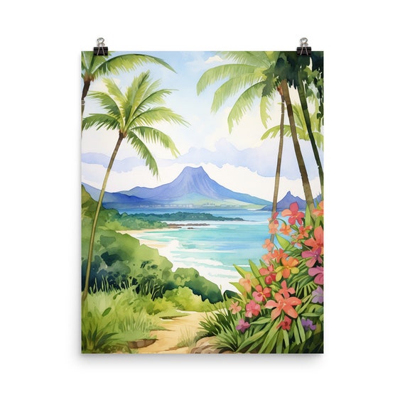 Kailua Oahu Hawaii Coastal Watercolor Travel Poster