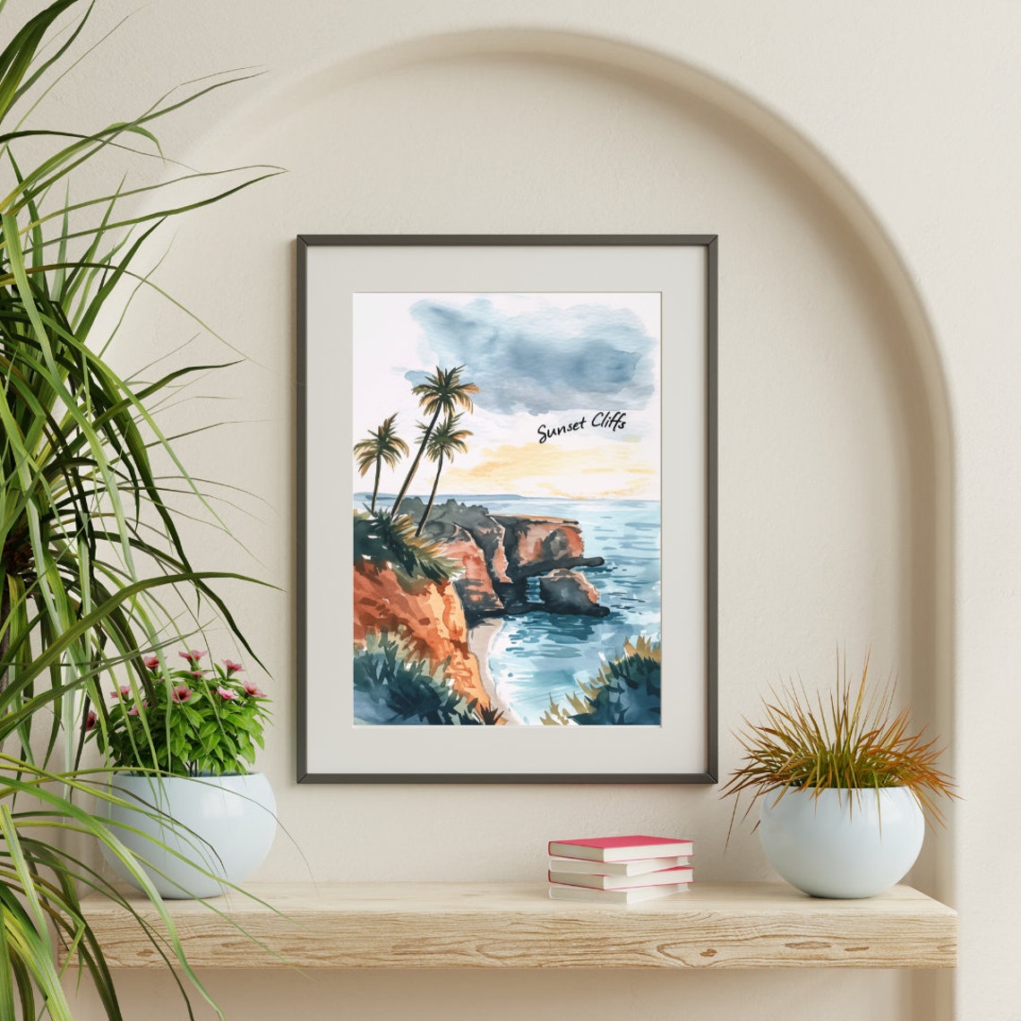 Sunset Cliffs Ocean Palms San Diego Coastline Watercolor Poster - Image 3