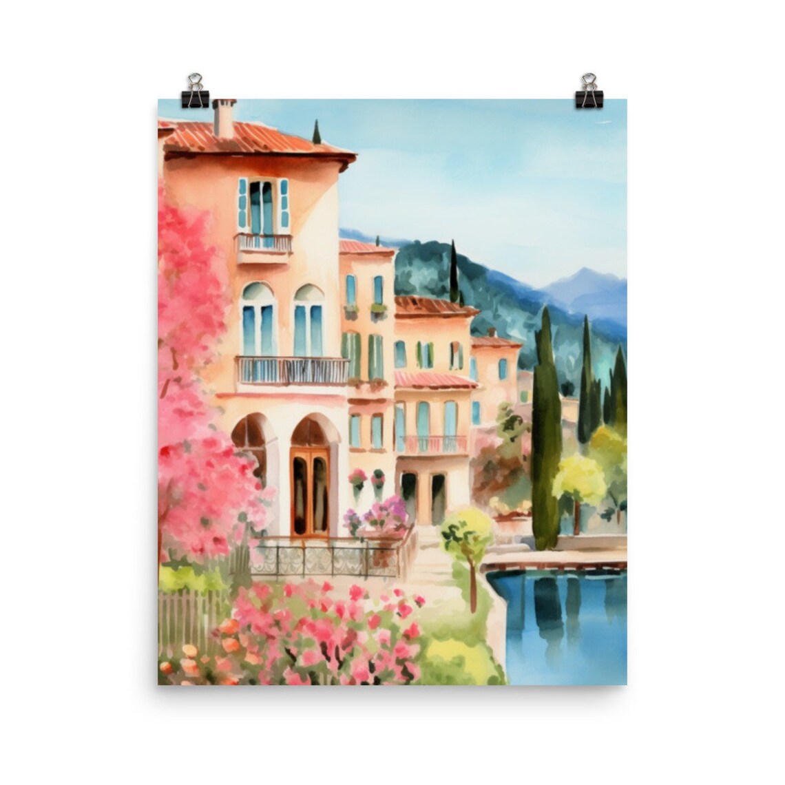 Lake Como Watercolor Travel Poster, Italian Lakefront