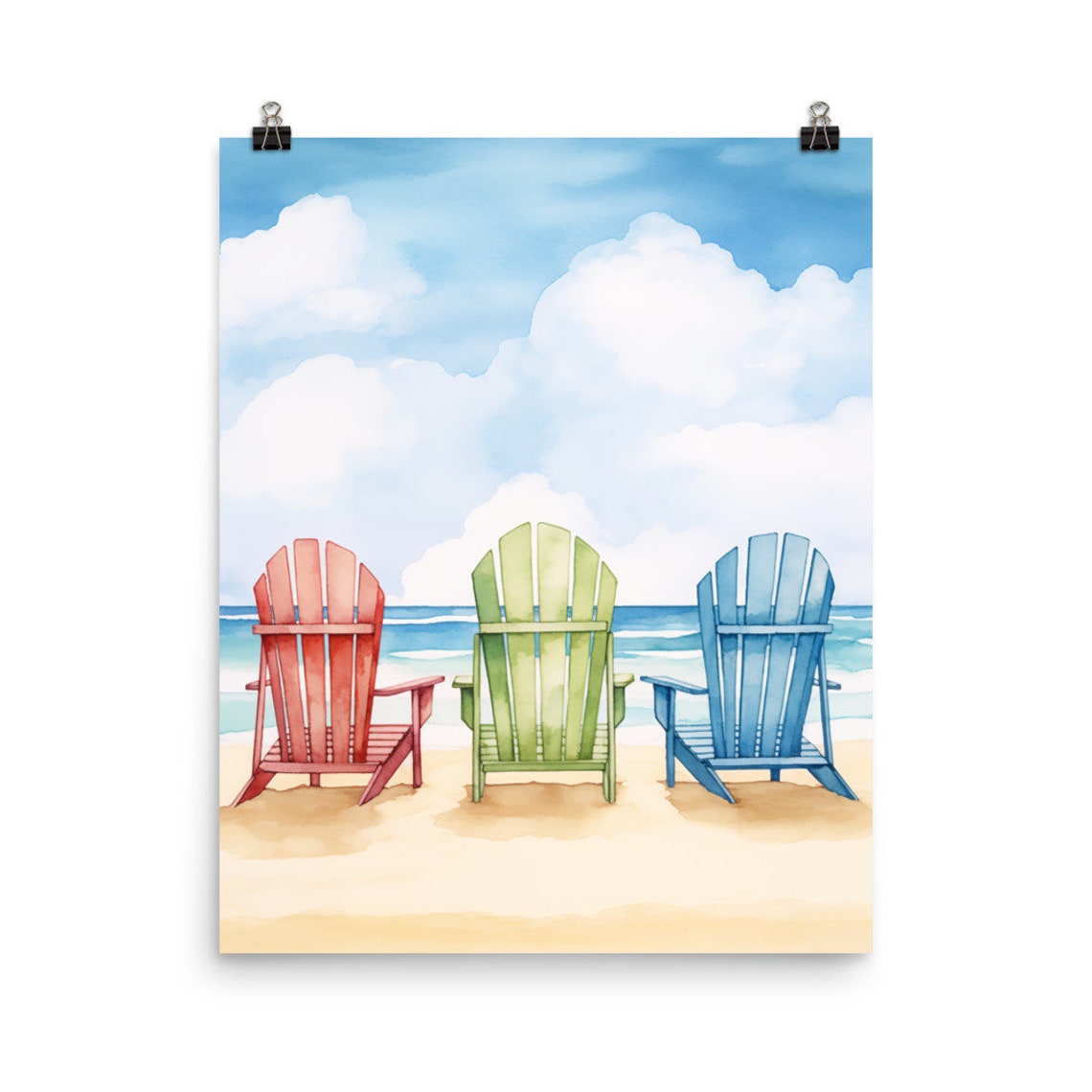 Three Colorful Adirondack Chairs Facing the Ocean Beach Poster