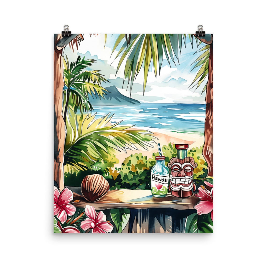 Hawaiian Tiki Bar Tropical Beach View Watercolor Hawaii Poster