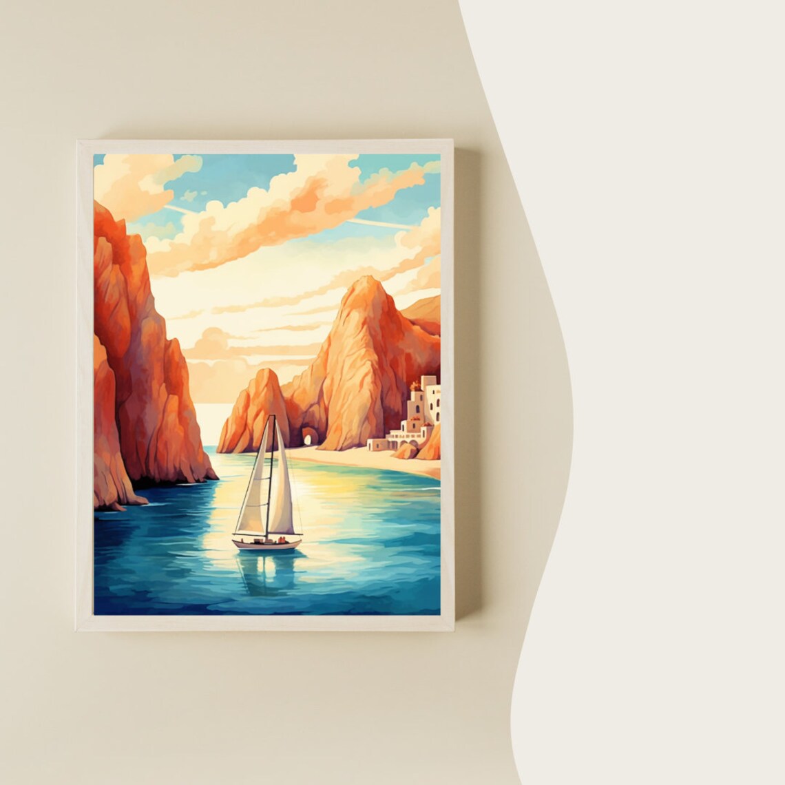 Sailboat Sailing Between Red Rock Cliffs Sea Arch Sunset Poster - Image 2