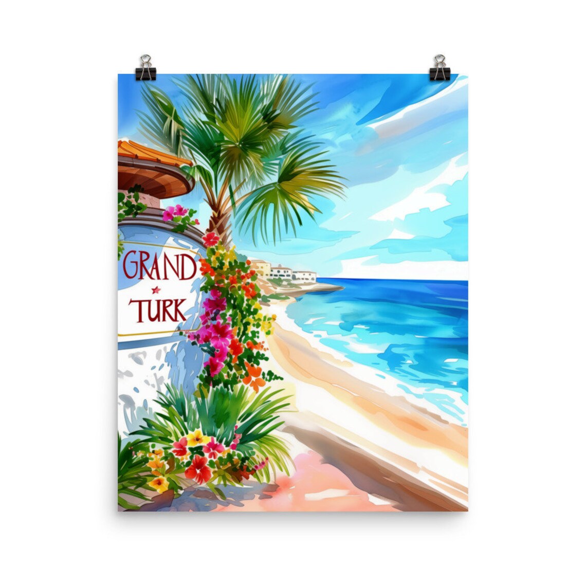 Grand Turk Watercolor Travel Poster, Turks and Caicos
