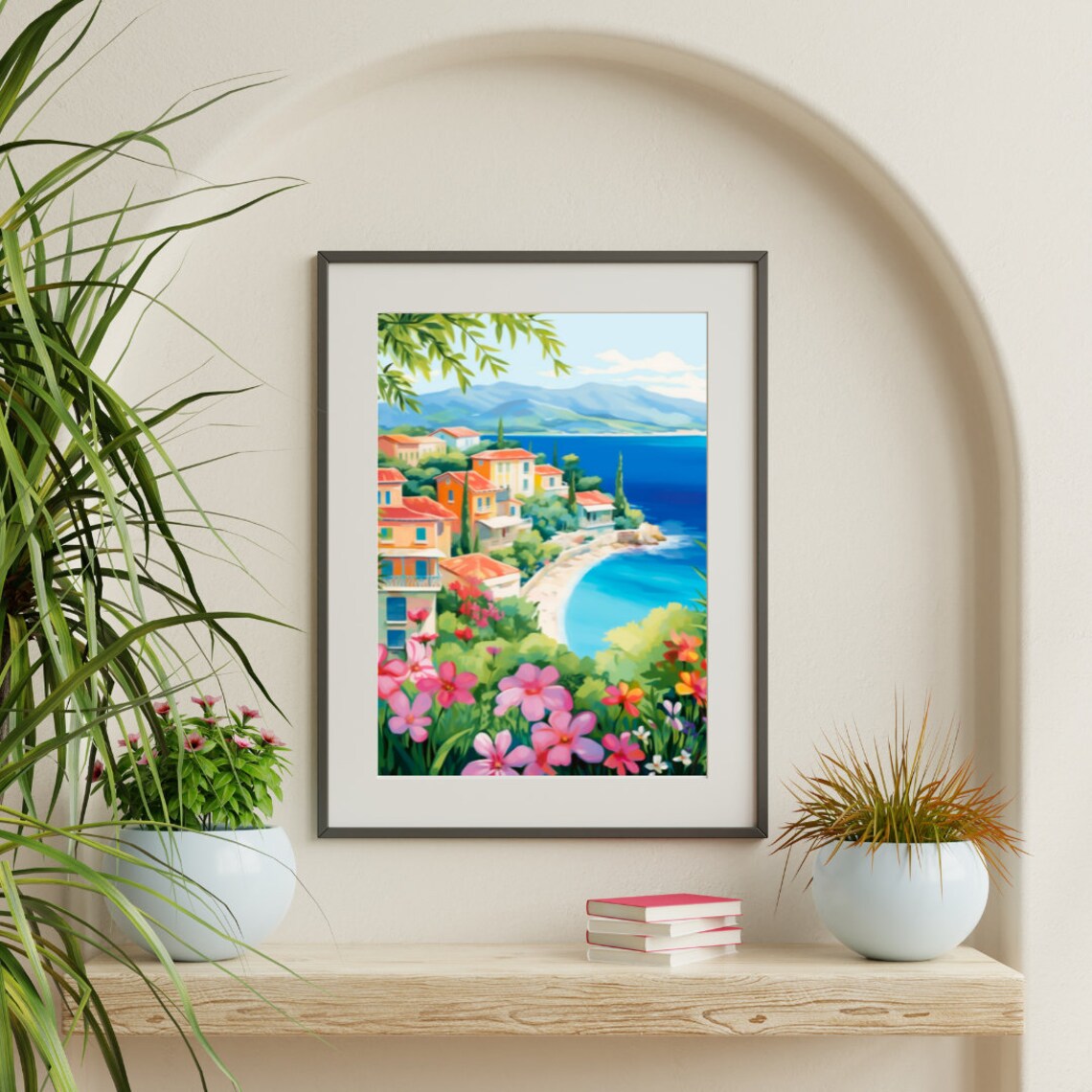 Corfu Ionian Sea Coastal Village with Pink Flowers Watercolor Poster - Image 3