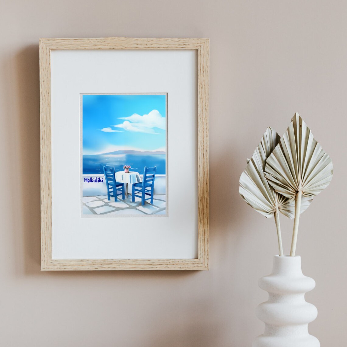 Halkidiki Greece Aegean Cafe Terrace With Blue Chairs Sea View Poster - Image 3