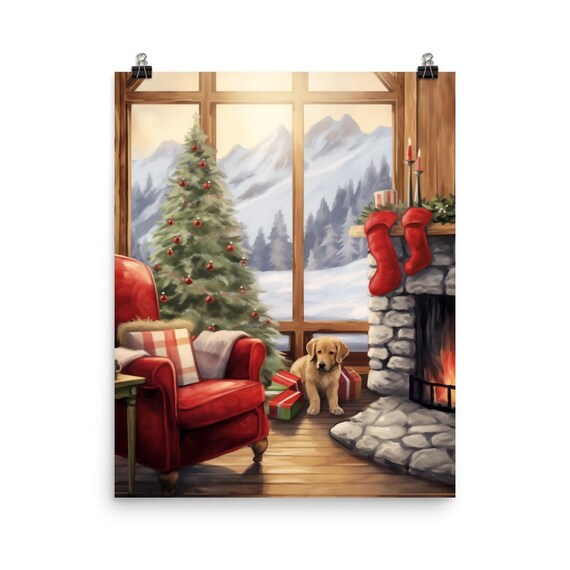 Golden Puppy Christmas Fireplace Tree Stockings Cozy Holiday Print