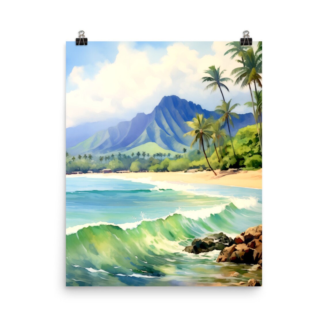 Hanalei Bay Watercolor Travel Poster, Kauai Hawaii