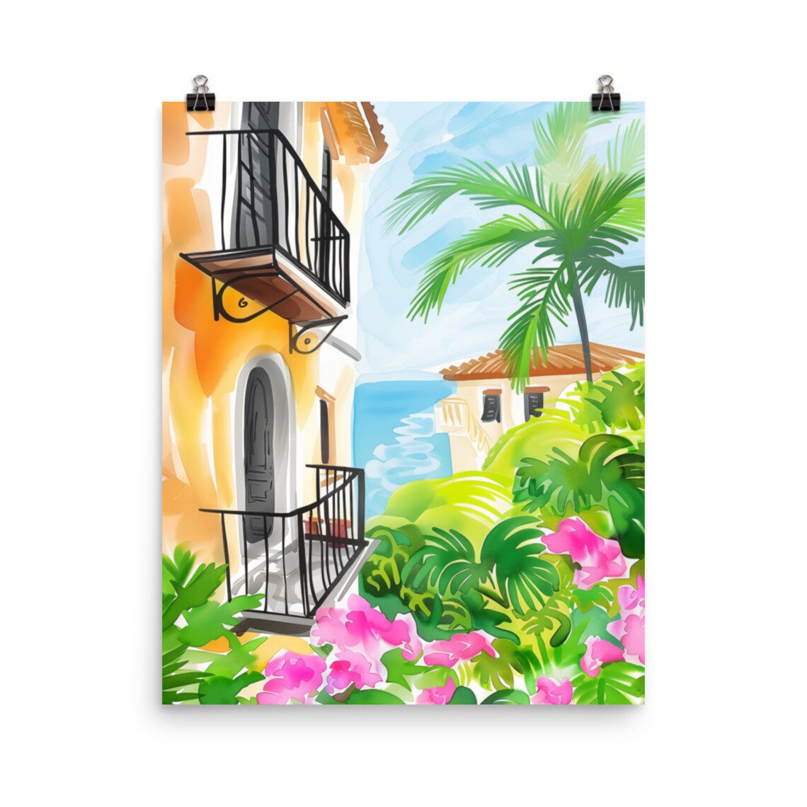 Cadiz Andalusia Street with Palms Over the Sea Watercolor Poster