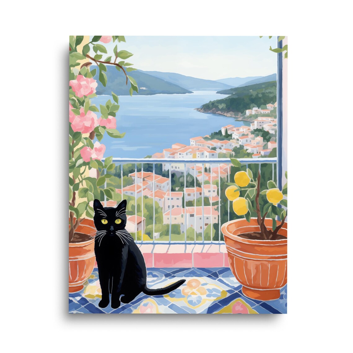 Black Cat Watercolor Print, Italian Riviera Travel Art