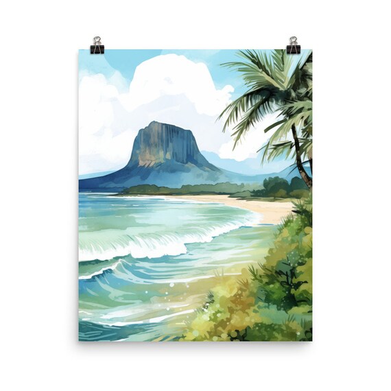 Le Morne Brabant Mauritius Tropical Beach Watercolor Art Poster