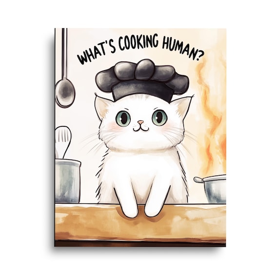 Whats Cooking Human Funny Chef Cat Watercolor Kitchen Poster
