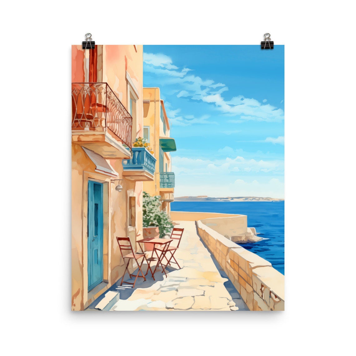 Valletta Malta Seaside Cafe Street Over Blue Water Watercolor Poster