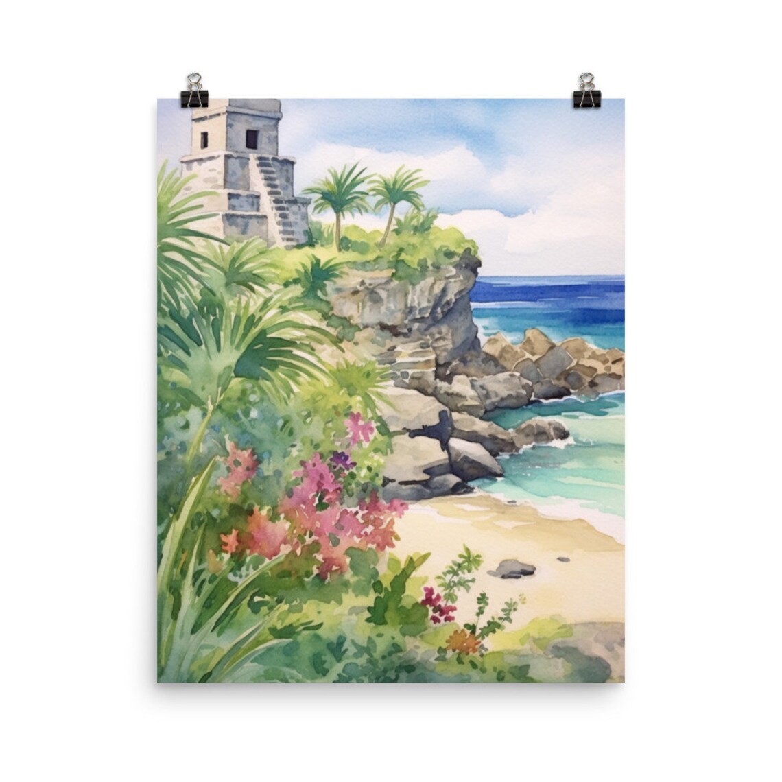 Tulum Watercolor Print, Mexican Landscape Poster