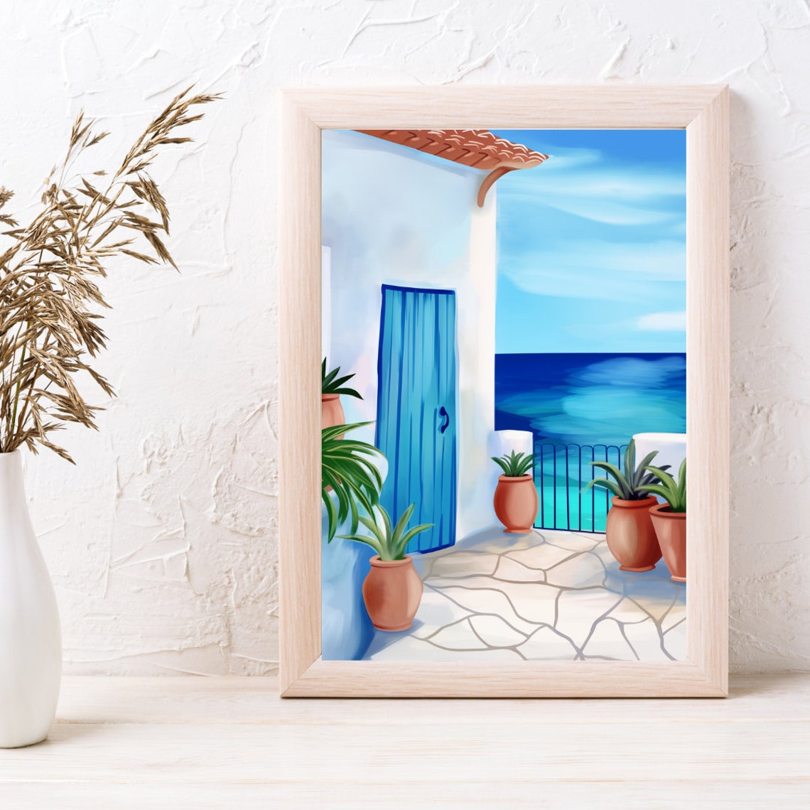 Mediterranean Blue Door On Sea View Terrace With Potted Plants Poster - Image 3